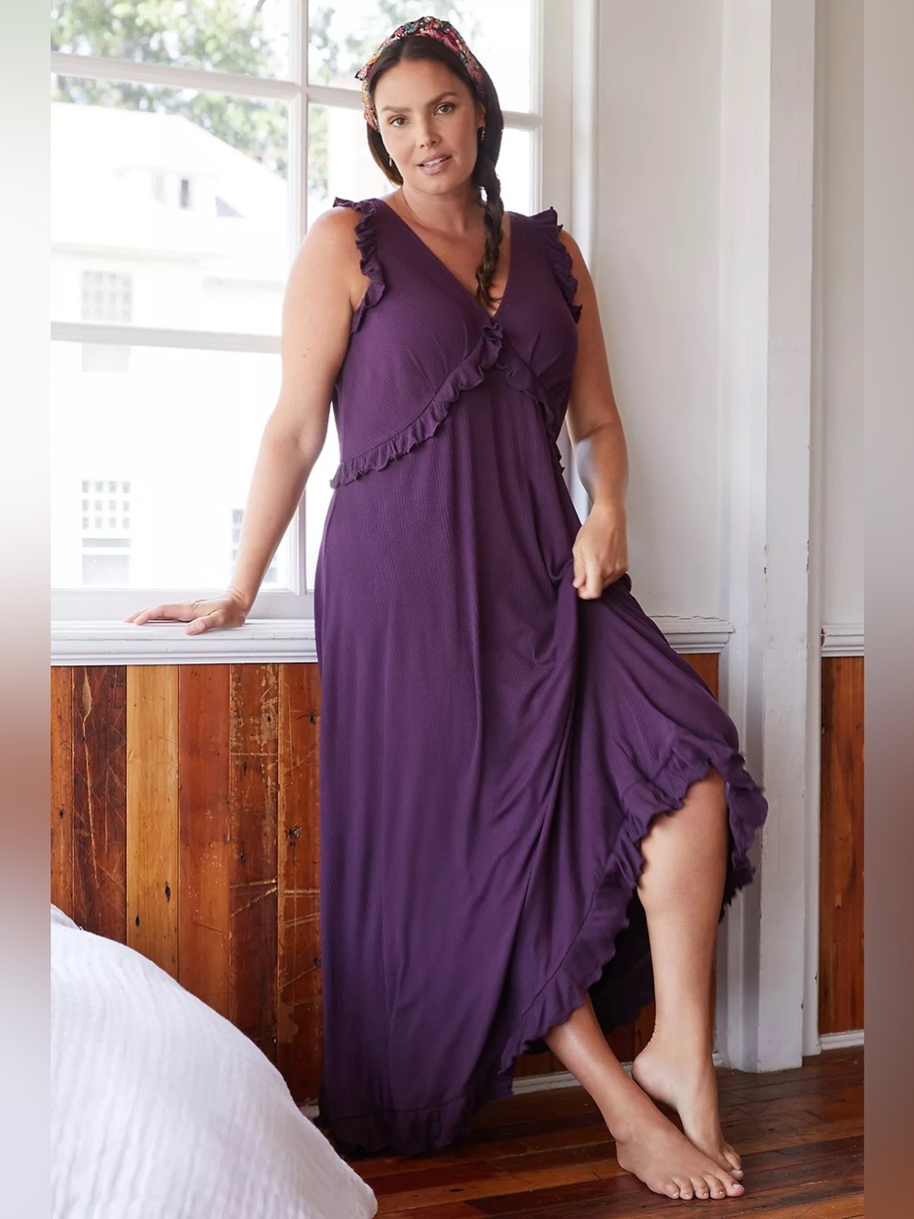 Anthropologie Deep-V Ruffle Trim Maxi Dress | Stretch Knit | Romantic | Size M